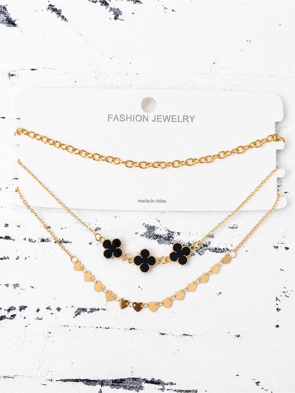 Fashion Jewelry Gold Layered Necklace Set with Black Flower Accents